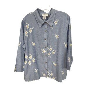 Alfred Dunner Women’s Size L Blue Striped Button-Front Shirt with Embroidered Da